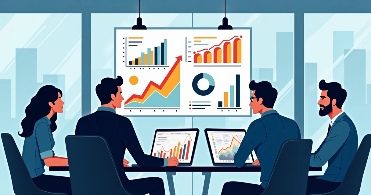 Equipe de agência de marketing digital reunida analisando gráficos em grande tela 