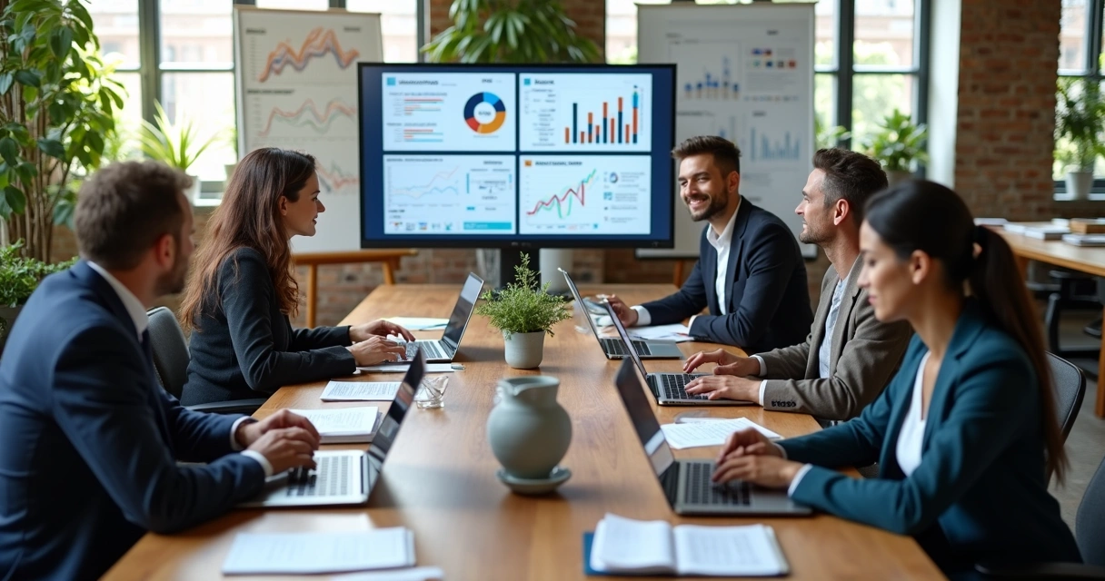 Equipe de agência de marketing digital discutindo estratégias de SEO em escritório moderno 