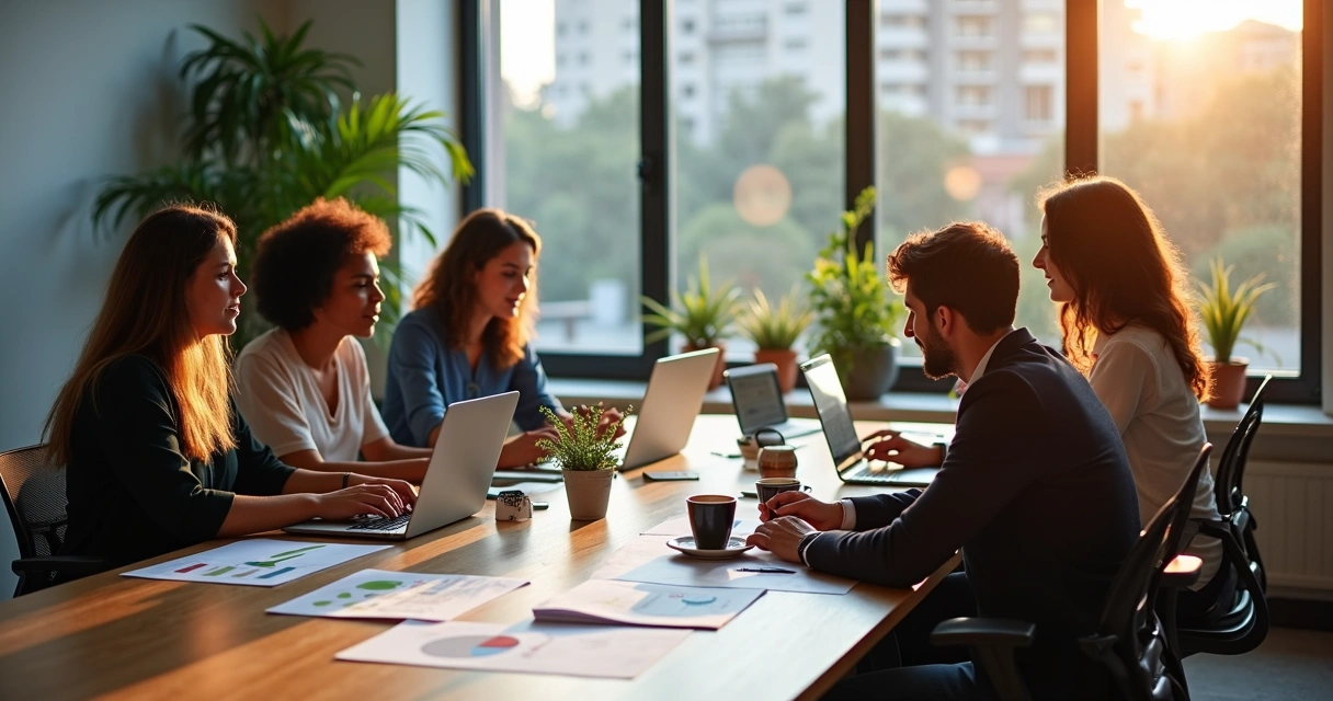 Equipe reunida em uma agência de marketing digital de Santana de Parnaíba 