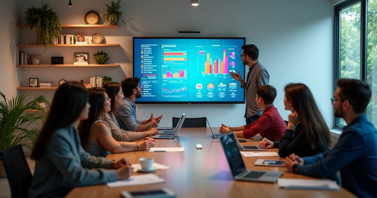 Equipe de agência de marketing apresentando gráficos 