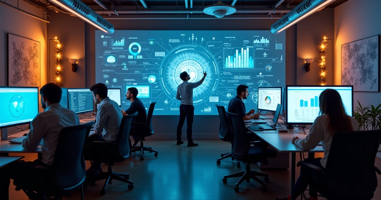 Equipe de marketing trabalhando em escritório moderno com computadores 