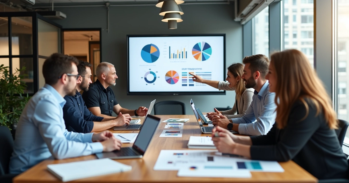 Profissionais de marketing reunidos em uma mesa de escritório discutindo estratégias de comunicação 