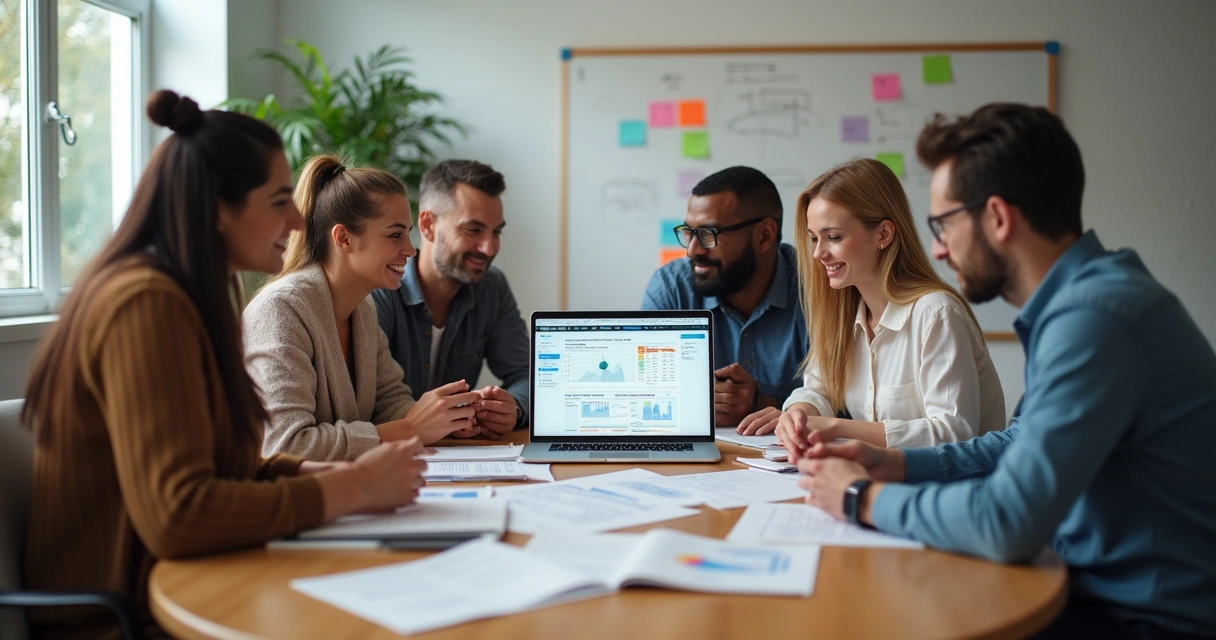 Equipe de agência de marketing digital em reunião de planejamento 