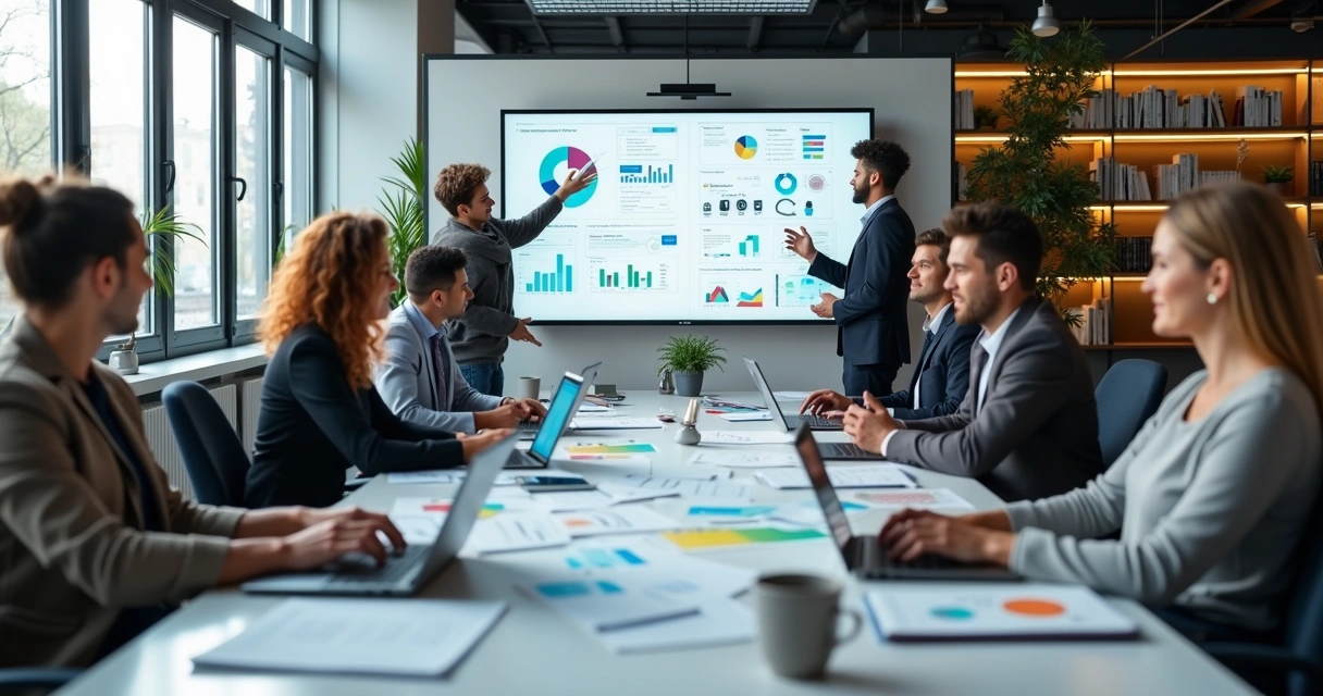 Equipe de profissionais trabalhando em agência de marketing digital com computadores e planejamento 