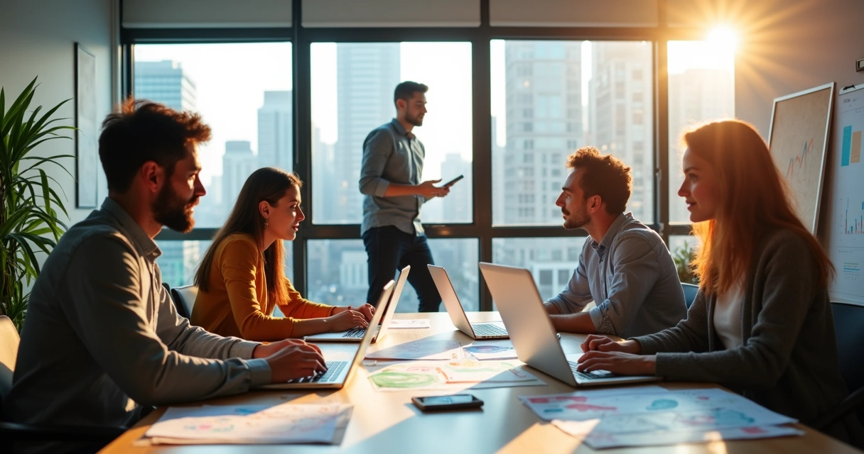 Equipe criativa de agência de marketing de Piracicaba reunida em brainstorm 