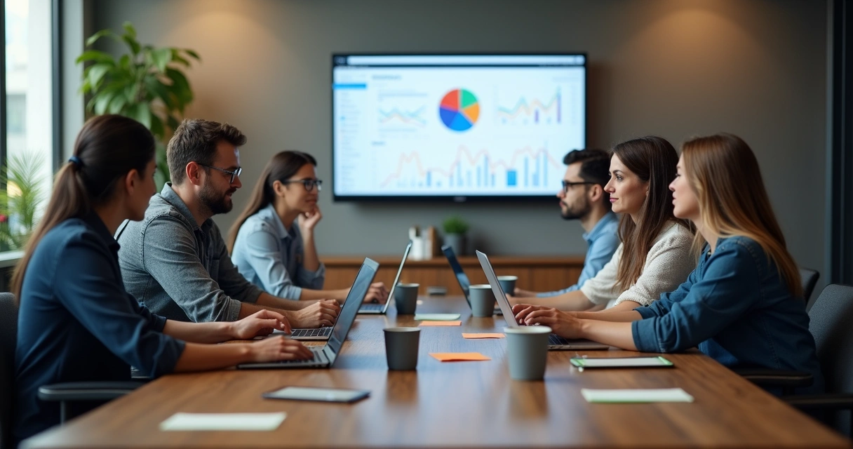 Equipe de agência digital reunida analisando gráficos em notebooks e telas grandes 
