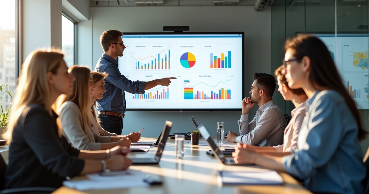 Reunião de equipe de agência com gráficos de desempenho na parede 