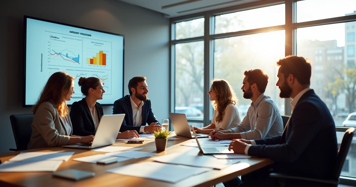 Equipe reunida em sala discutindo melhoria de processos