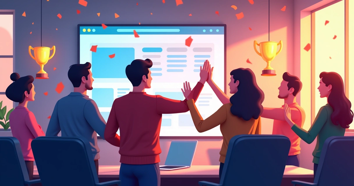 Equipe de webdesigners comemorando resultado de site entregue 