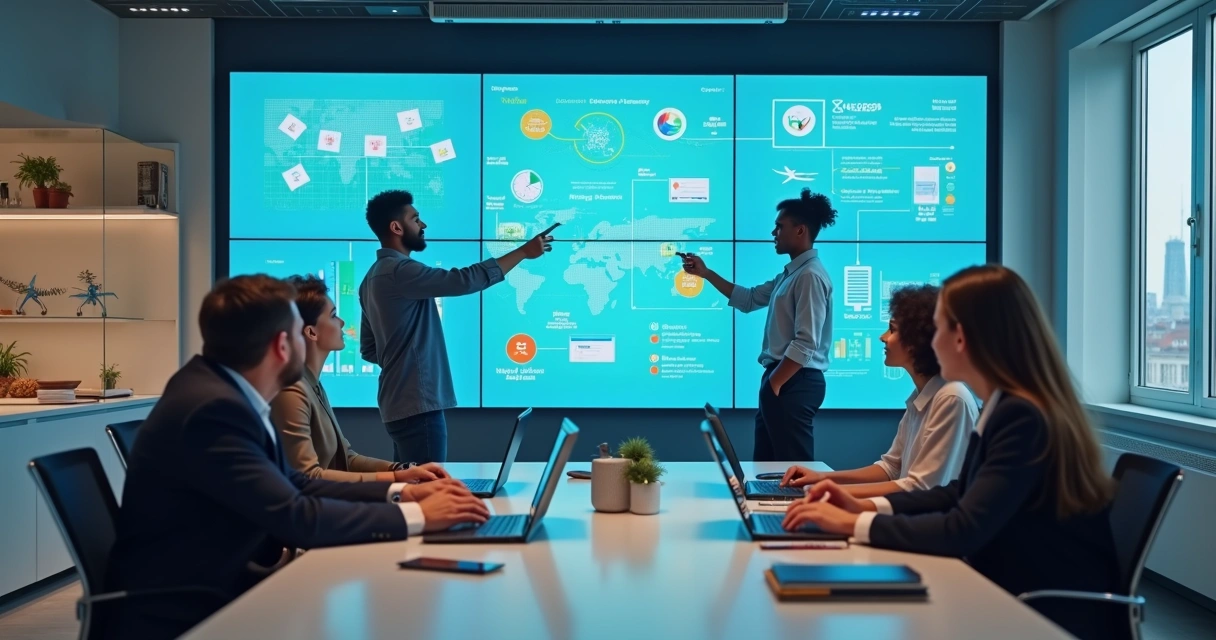 Equipe de agência de viagens analisando painel com alertas e automações digitais 