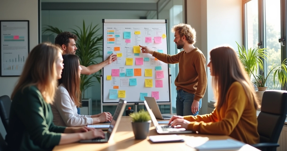 Equipe de profissionais de turismo reunida em agência de viagens, usando quadro Scrum com post-its coloridos, notebooks e tablet sobre a mesa 