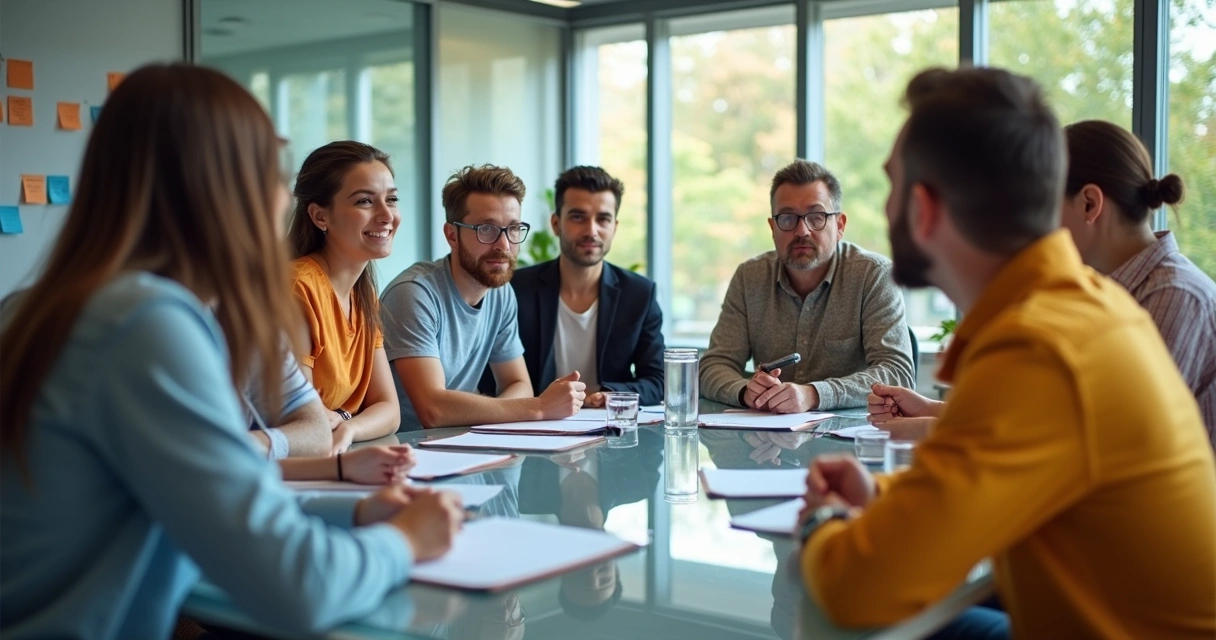 Equipe reunida em torno de mesa retangular em sala de vidro 