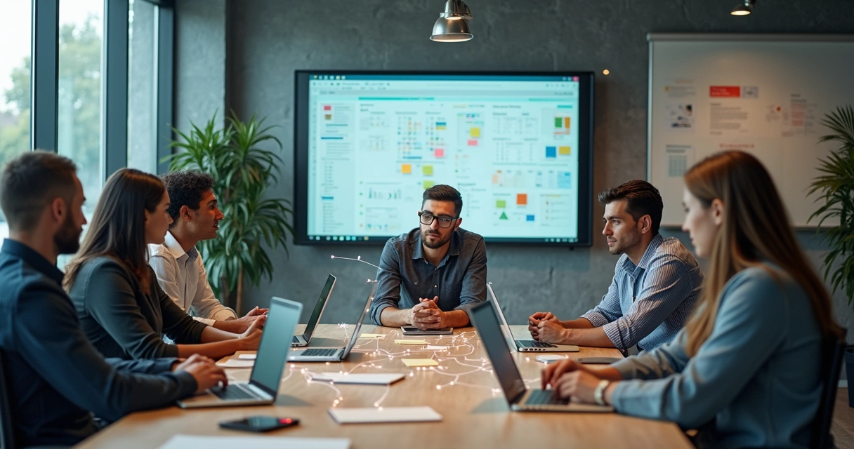 Equipe ágil em reunião com linhas luminosas revelando conexões ocultas entre os membros 