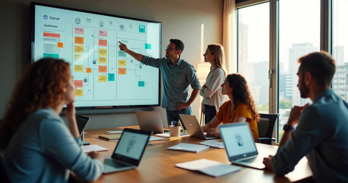 Reunião de equipe ágil analisando emoções com quadro de fluxo de trabalho 