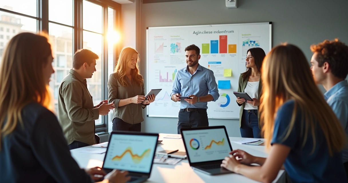 Equipe de TI reunida analisando métricas em tablets e notebooks 