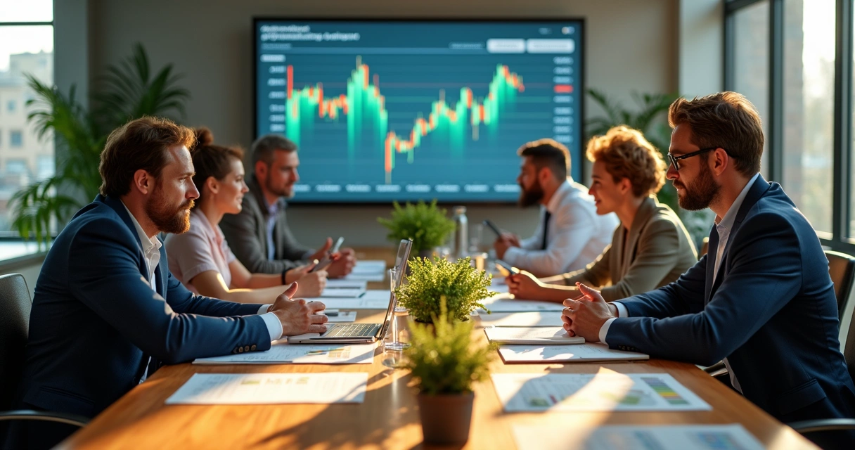 Equipe de marketing digital do agronegócio em reunião, analisando resultados digitais 
