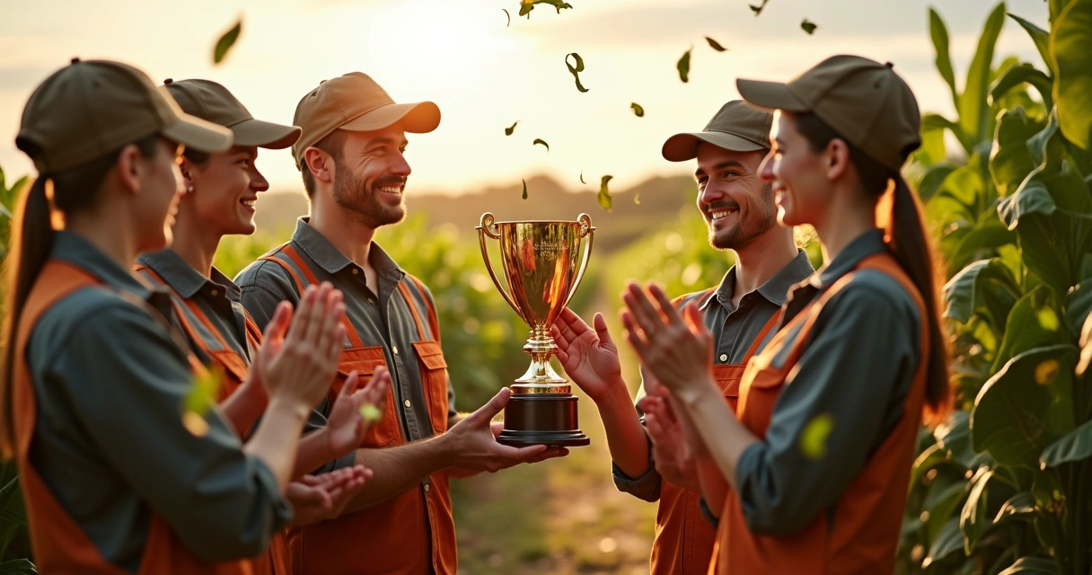 Equipe agrícola recebendo troféu personalizado em evento, com cenário de lavoura ao fundo 