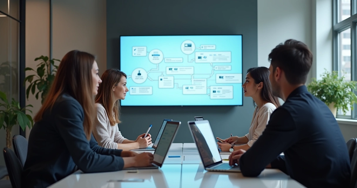 Equipe de tecnologia revisando fluxo de AI-Building em tela