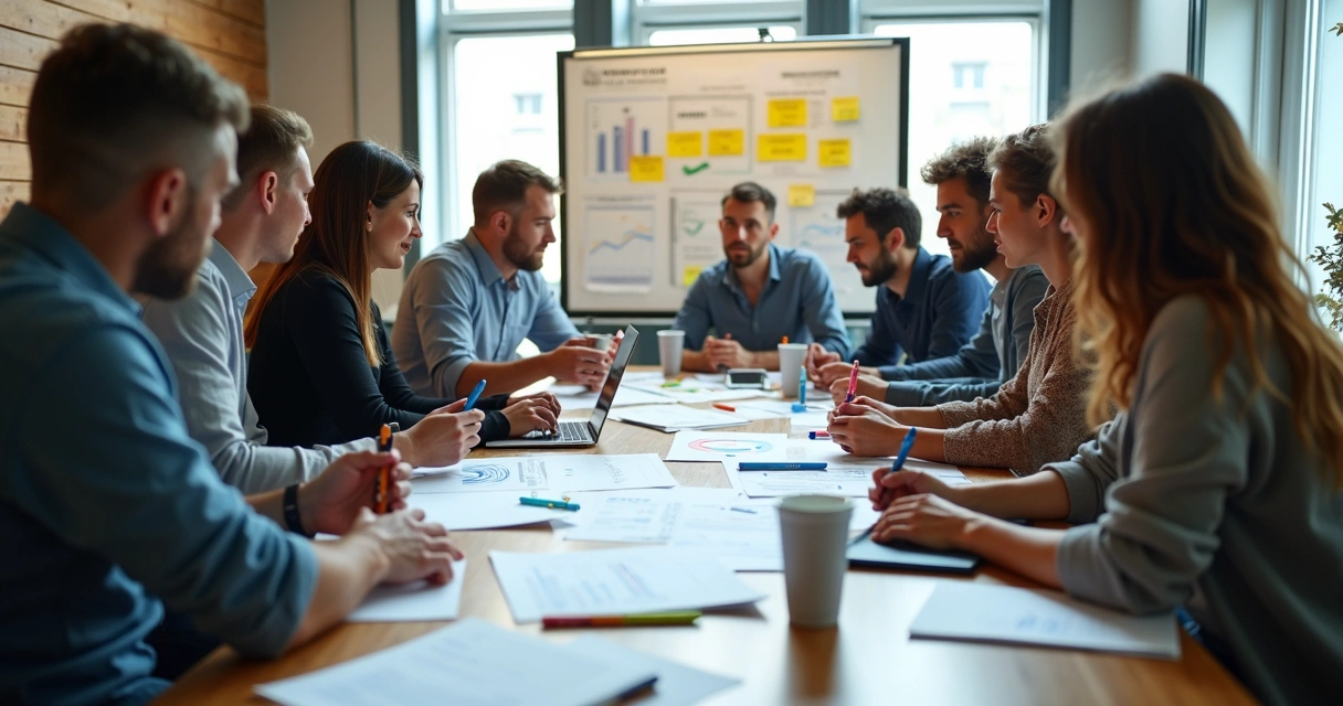 Pessoas reunidas ajustando estratégias em ambiente de trabalho 