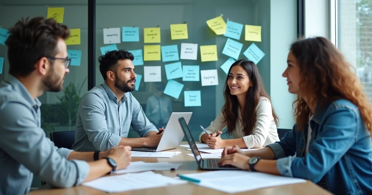 Equipe revisando persona de chatbot em reunião 
