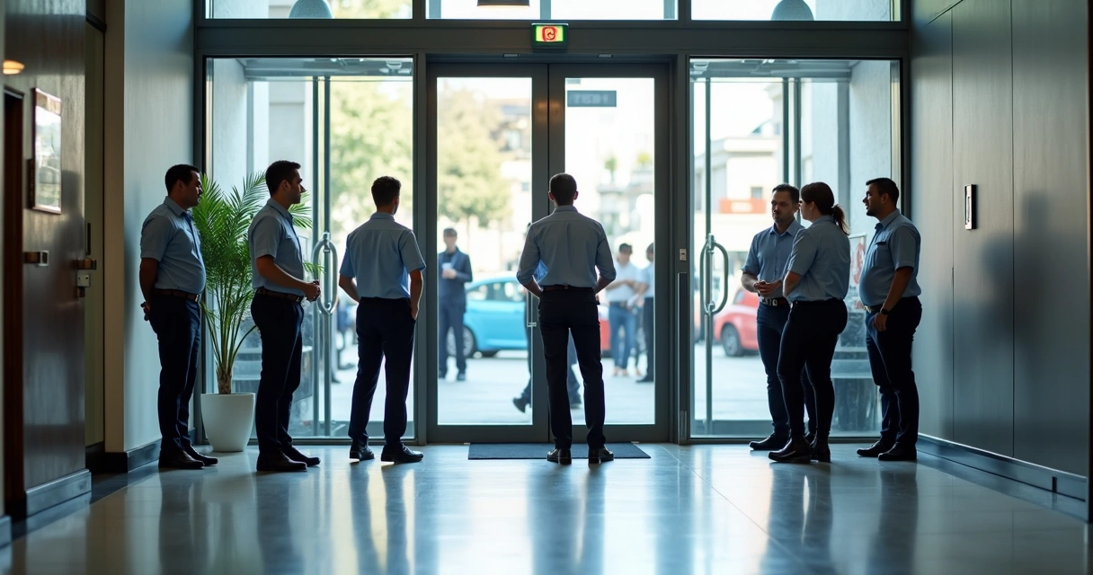 Equipe ajustando porta automática de vidro em ambiente comercial 