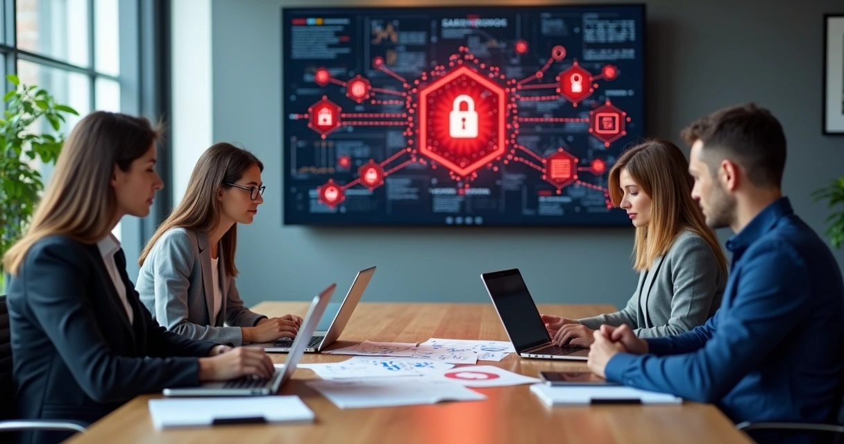 Profissionais reunidos em torno de uma mesa analisando dados de segurança digital 