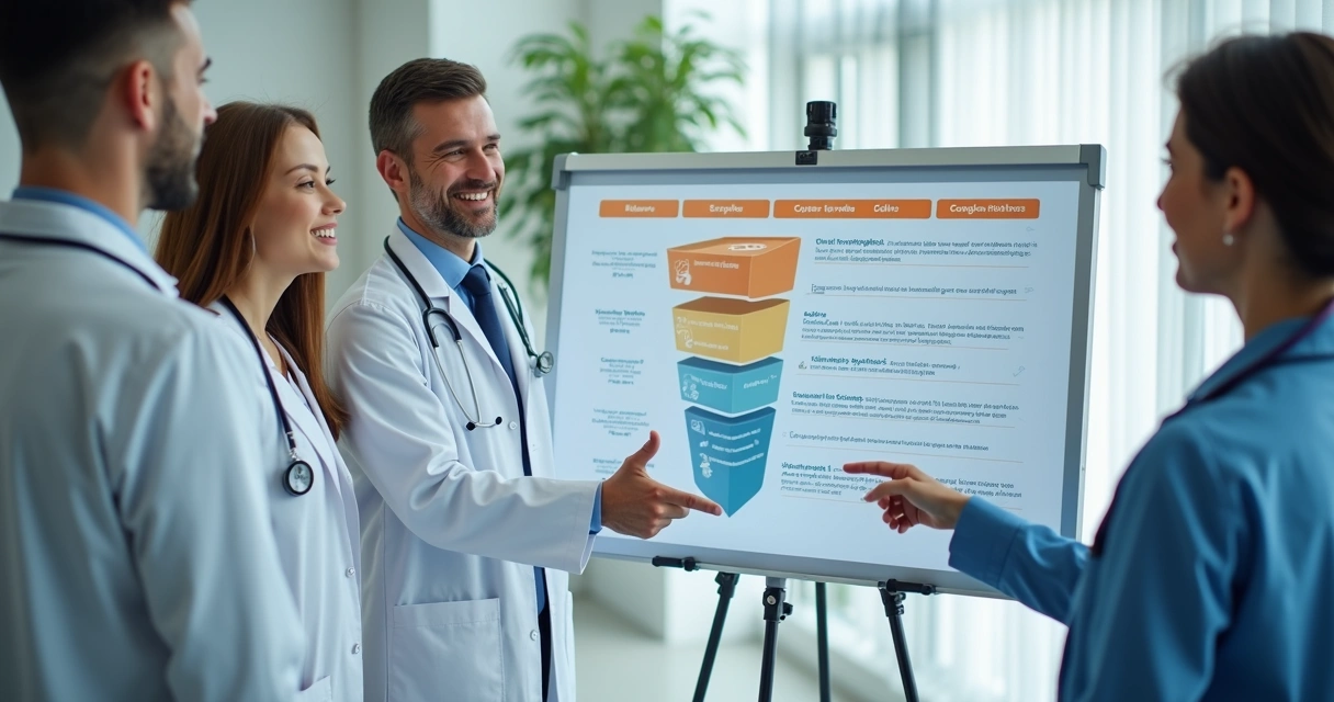 Equipe de consultório reunida revendo etapas do funil de vendas em quadro digital 