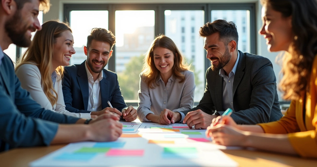 Time reunido ao redor de uma mesa, olhando para papeis e post-its, em ambiente iluminado, mostrando união e clareza de objetivos.