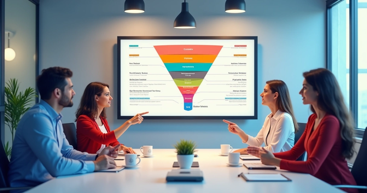 Reunião entre equipes de marketing e vendas discutindo painel com funil de leads 