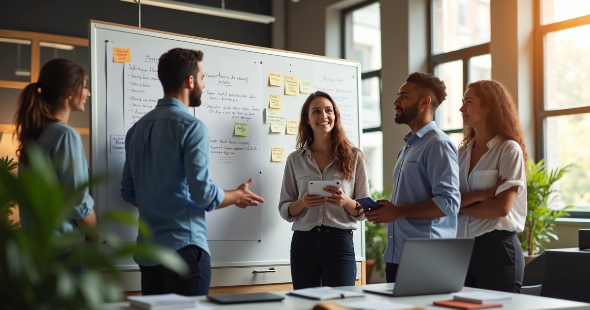 Equipe alinhando soluções em quadro com postura colaborativa