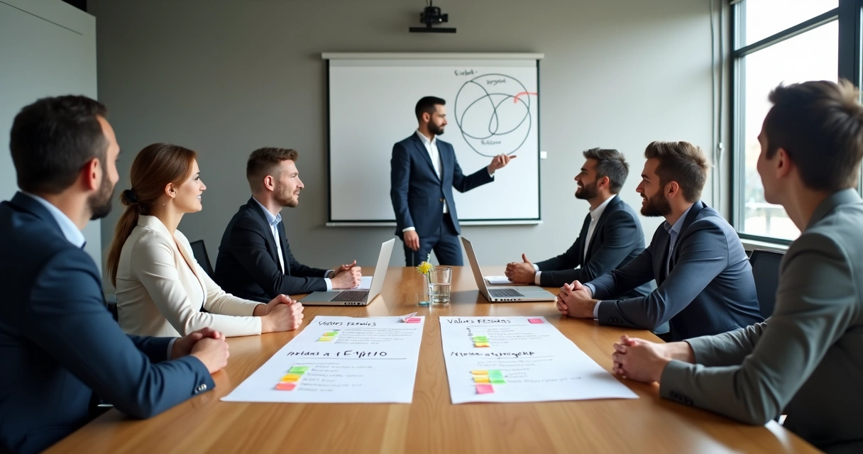 Equipe diversa em reunião alinhando valores pessoais e metas da equipe 