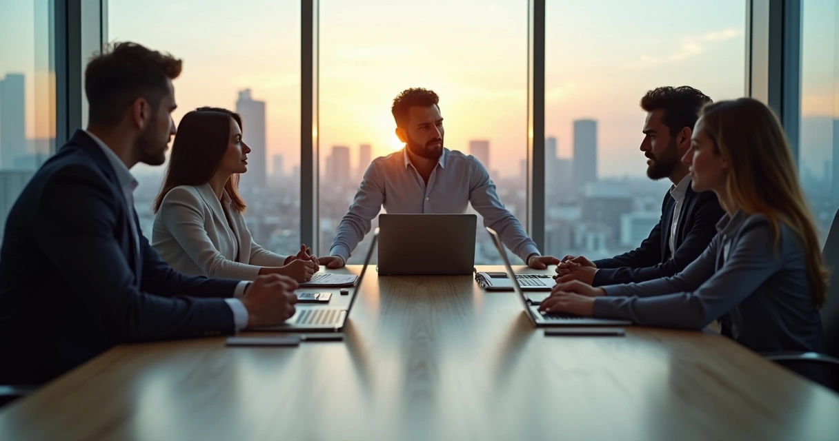 Equipe de negócios em reunião com contraste entre conexão e tensão interna 