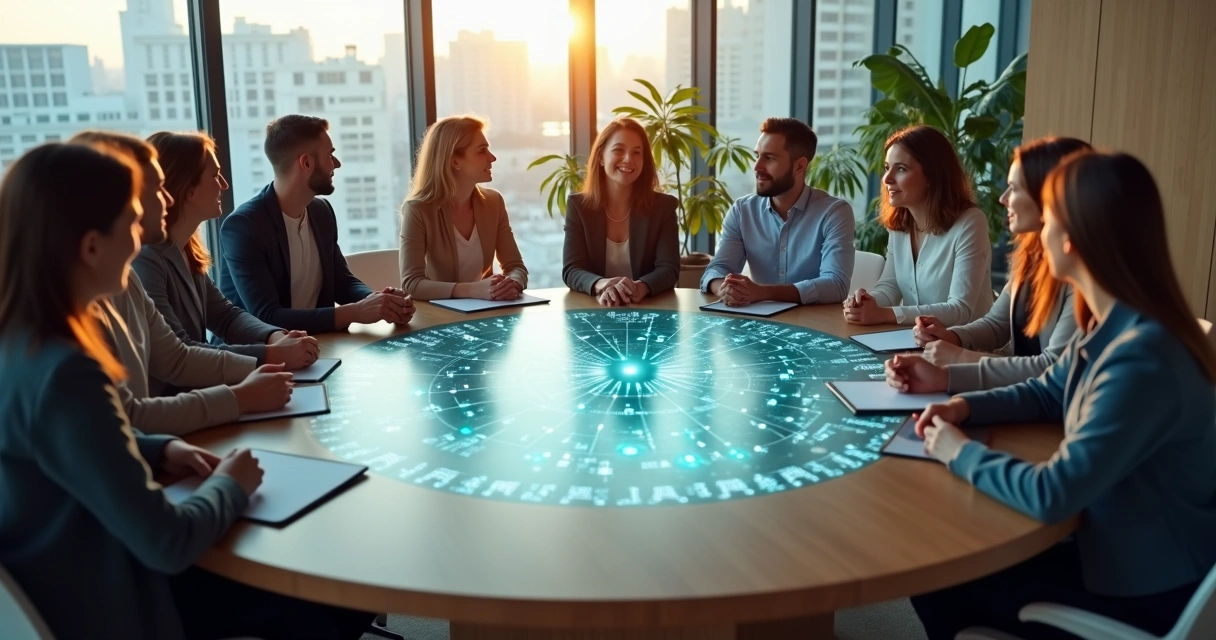 Equipe de alta performance em roda colaborativa com conexão visual e fluxo de informações em rede 