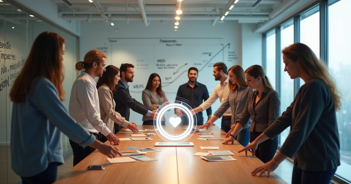 Equipe diversa reunida em sala moderna conectando propósito e alta performance 