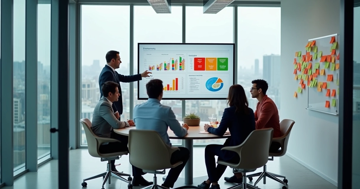 Equipe diversa em reunião estratégica em sala moderna 