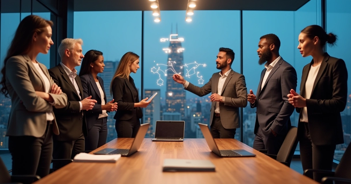 Equipe de alta performance conectada por fios luminosos em ambiente corporativo moderno 