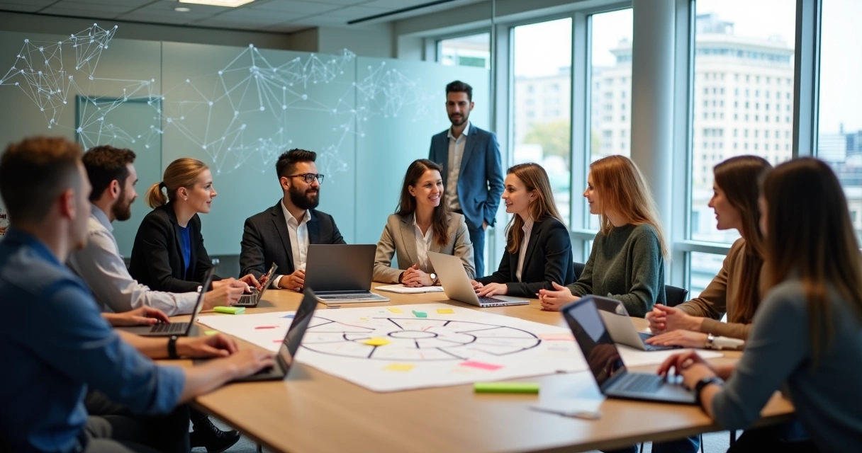 Equipe multicultural reunida em círculo em uma sala de reunião moderna, com luz suave e foco em conexão e colaboração 
