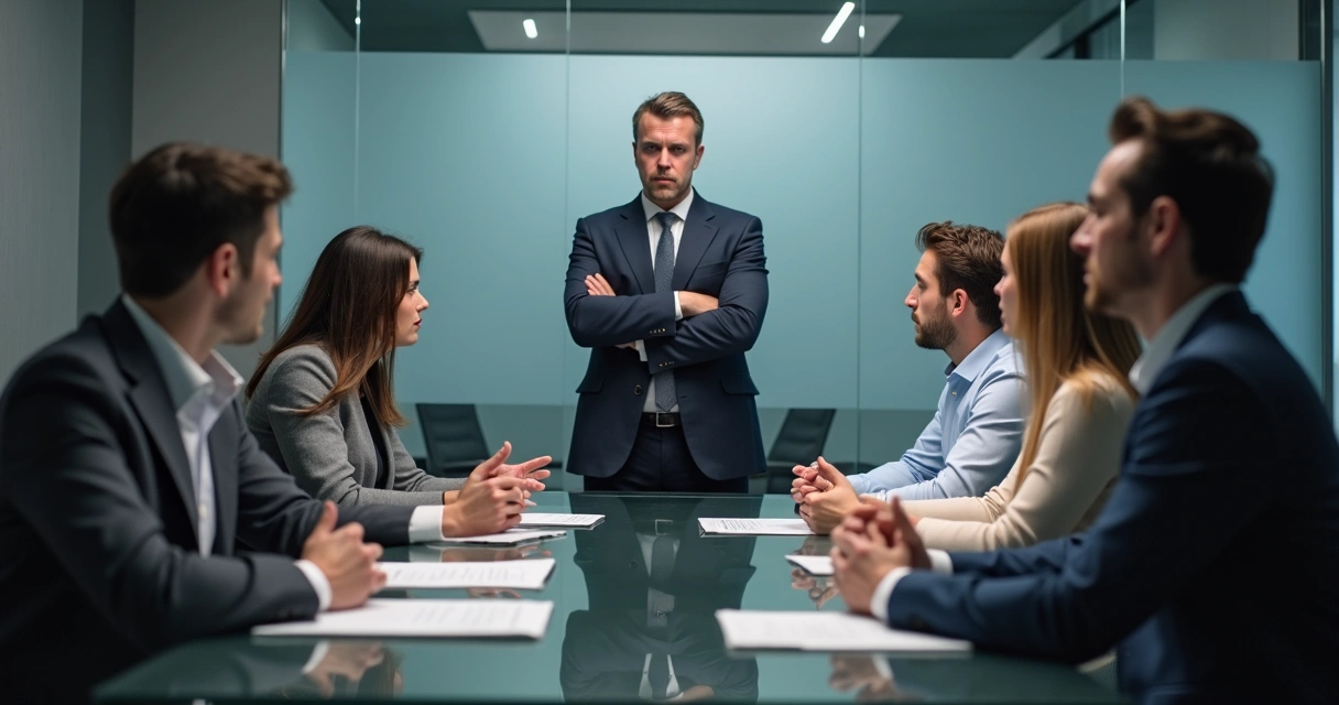 Equipe de escritório reunida sentada, clima desconfortável, alguns olhares tensos. 