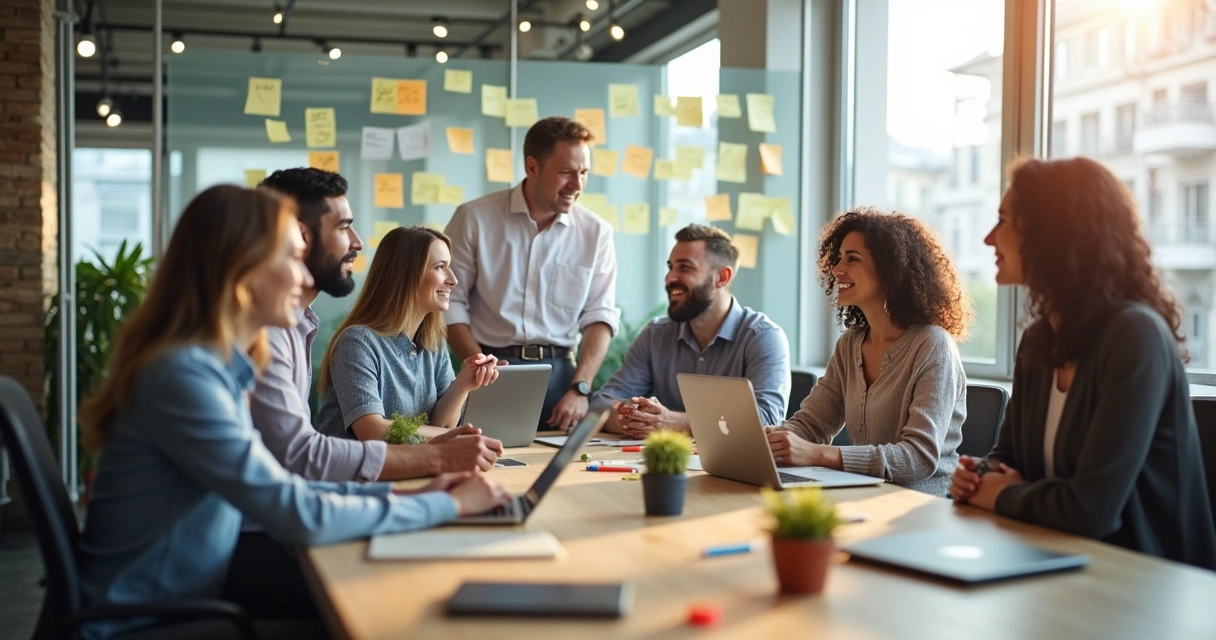 Equipe reunida em ambiente inovador e colaborativo 