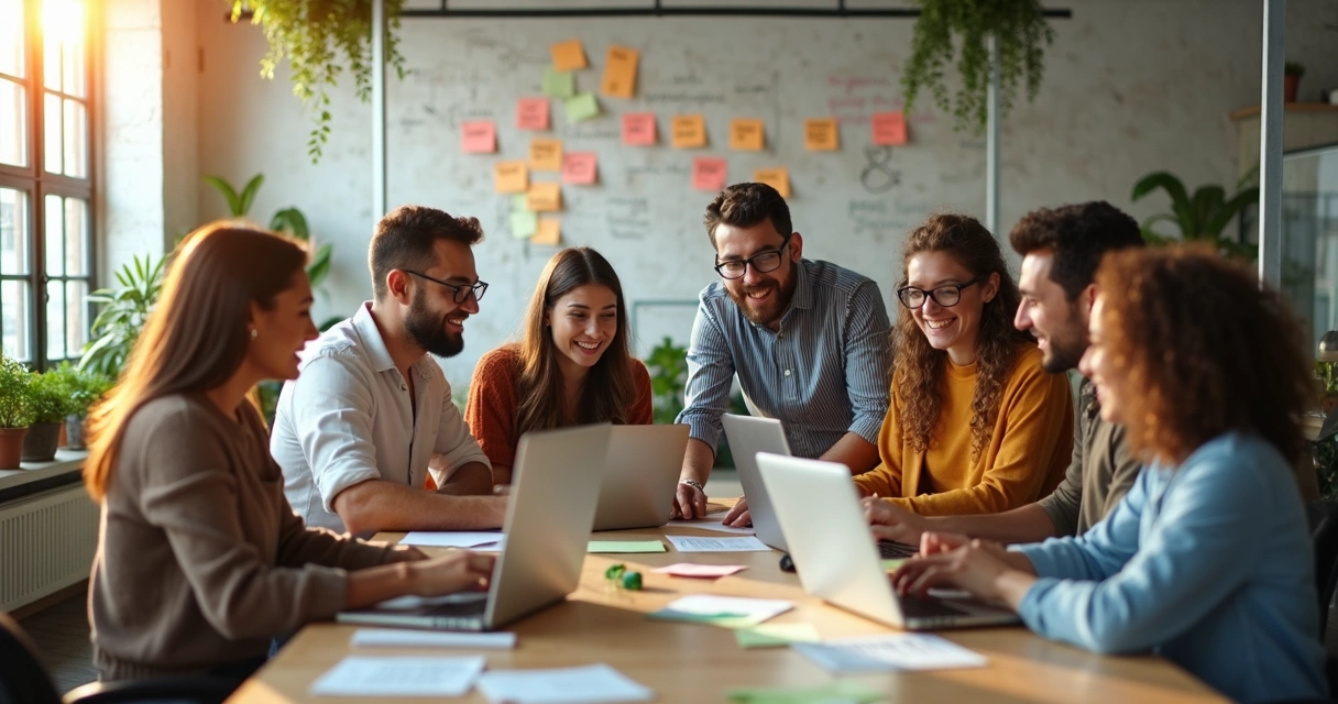 Equipe trabalhando em ambiente positivo e colaborativo