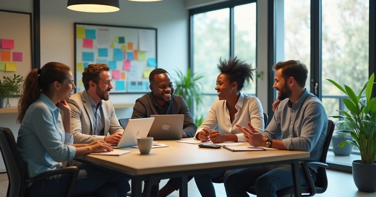 Equipe reunida em escritório com ambiente leve e comunicação aberta 
