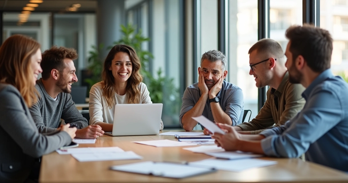 Equipe de trabalho em reunião, expressando diferentes emoções e reações. 