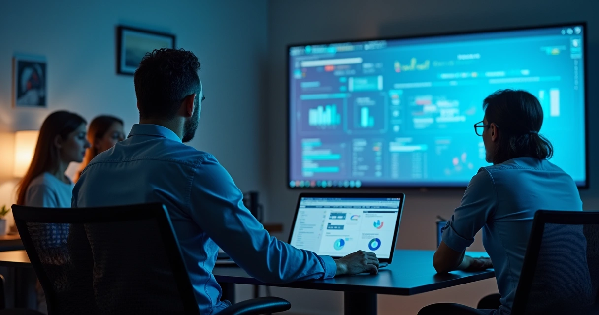 Especialista de TI aponta para tela com relatórios de backup remoto e consumo de banda 