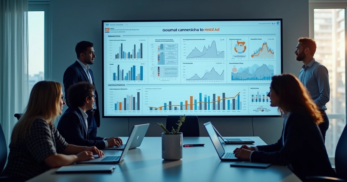 Equipe analisando métricas de campanha em tela grande 