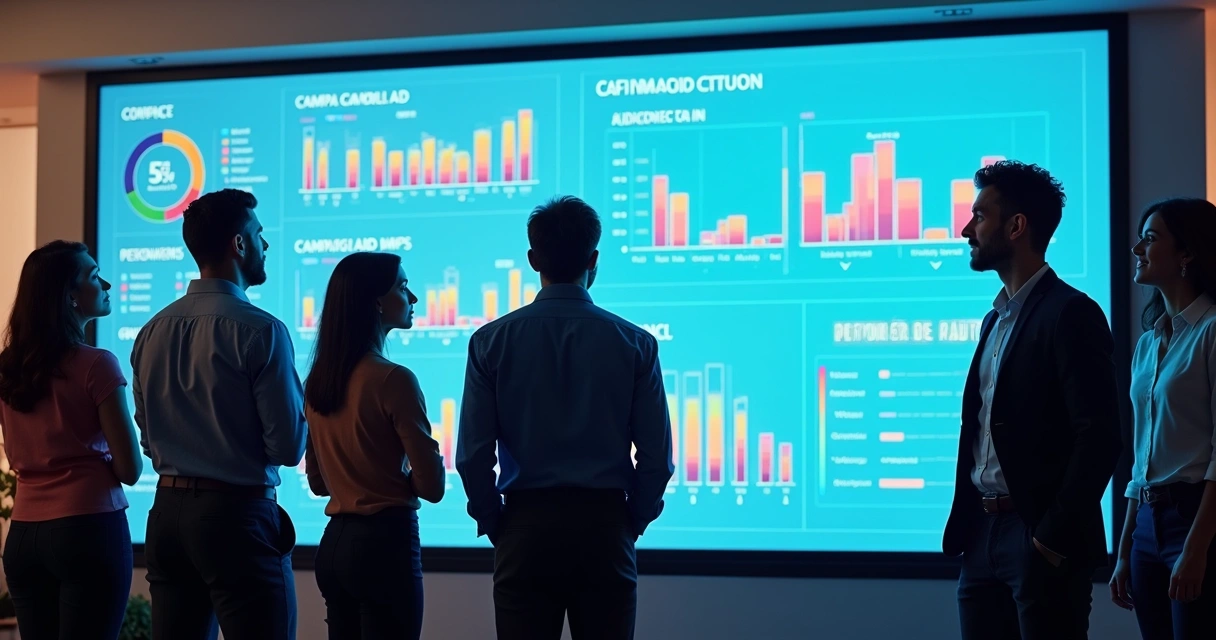 Equipe de marketing digital analisa resultados de campanha em tela gigante 