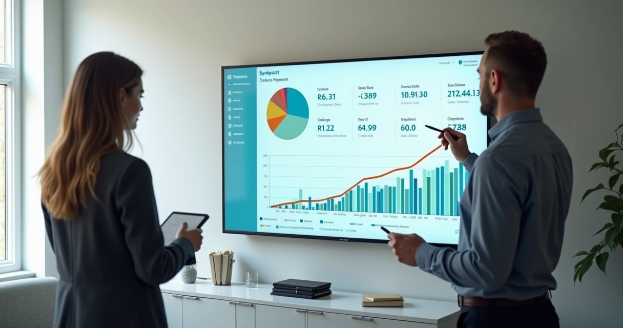 Equipe analisa cobranças em atraso diante de painel digital colorido 