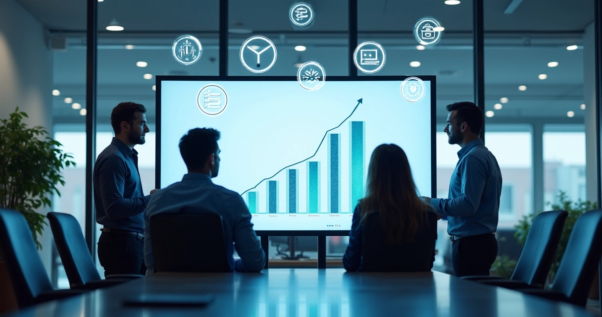 Equipe de pessoas analisando gráficos de crescimento, representando escalabilidade de ERP 