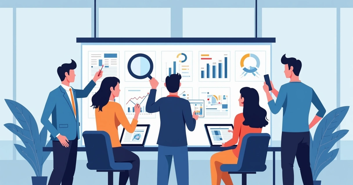 Equipe analisando telas de CRM, com lousa ao fundo e computadores, discutindo melhorias 