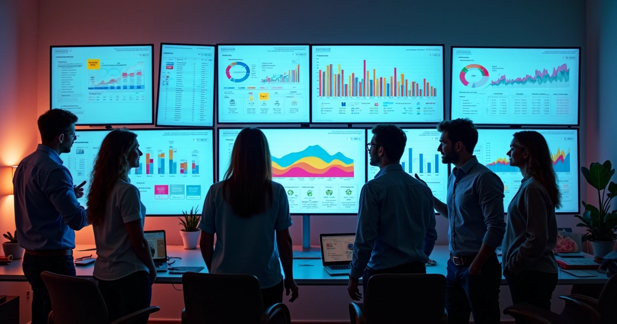 Equipe observa dados coloridos de CRM em telas grandes 