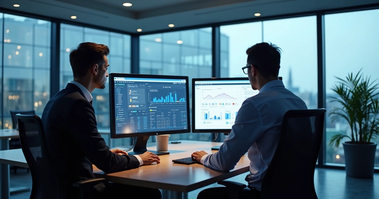 Equipe de negócios reunida diante de telas que exibem gráficos e módulos do Dynamics 365 